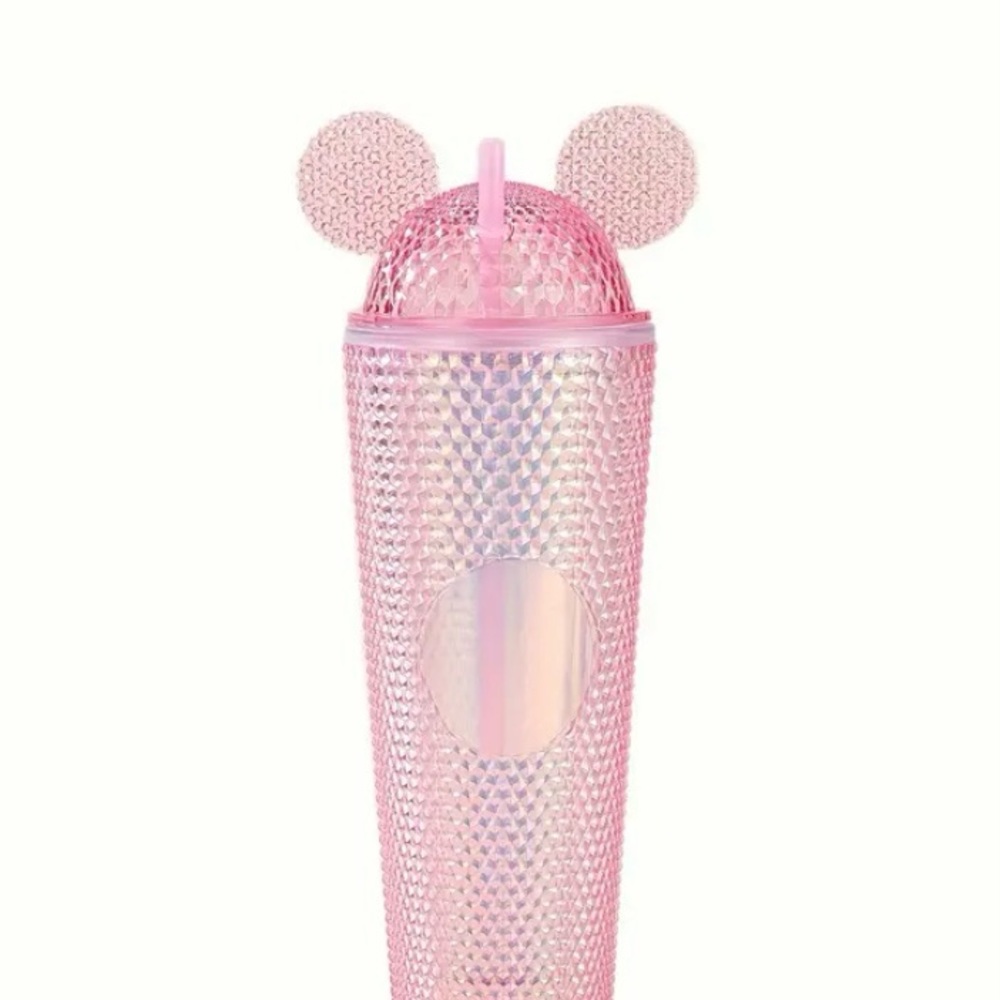 Mickey Ears Pink Metallic Studded Tumbler Cup with Straw